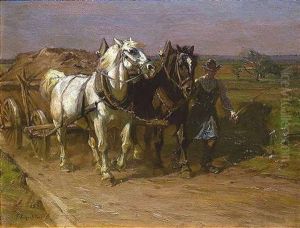 Pferdegespann Am Heuwagen, Vom Bauern Gefuhrt by Friedrich Eckenfelder