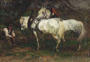Zwei Schimmel Bei Mittagsrast Mit Bauer by Friedrich Eckenfelder