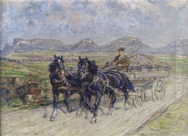 Fuhrwerk Mit Zwei Trabenden Rappen. Im Hintergrund Die Landschaft Der Schwabischen Alb - view 1