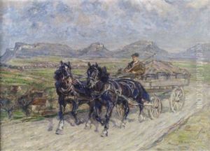 Fuhrwerk Mit Zwei Trabenden Rappen. Im Hintergrund Die Landschaft Der Schwabischen Alb by Friedrich Eckenfelder