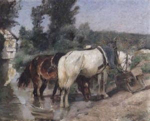 Zwei Ackerpferde An Der Tranke Und Am Futtertrog by Friedrich Eckenfelder