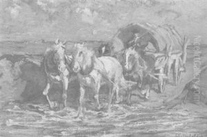 Ein Bauer Durchquert Mit Seinem Vierergespann Eine Furt by Friedrich Eckenfelder