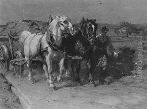 Zwei Pferde Vor Dem Wagen by Friedrich Eckenfelder