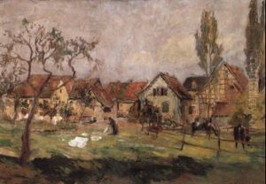 Blick Auf Ein Dorf Mit Pferdekoppel by Friedrich Eckenfelder