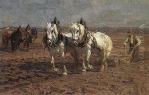 Fruhlingserwachen. Bauer Mit Schimmelgespann Beim Ersten    Pflugen Des Ackerbodens...