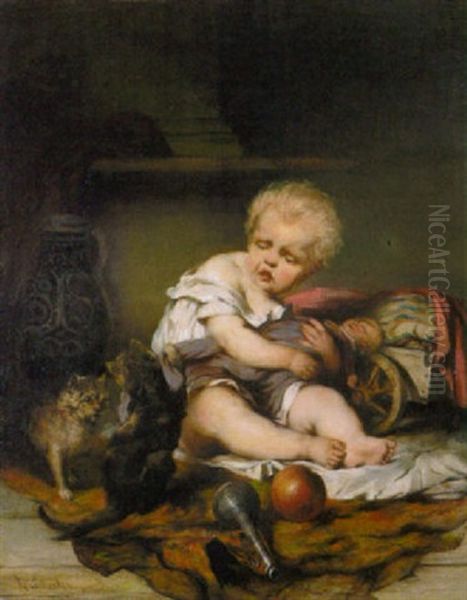 Die Kleine Puppenmutter Schutzt Ihre Puppe Vor Dem Angriff Der Beiden Katzen - view 1