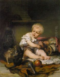 Die Kleine Puppenmutter Schutzt Ihre Puppe Vor Dem Angriff Der Beiden Katzen by Carl Eckerler