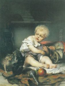 Kleines Kind Rettet Seine Puppe Vor Streitenden Katzen by Carl Eckerler