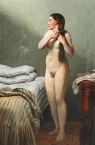 Woman Standing At A Bed, Combing Her Hair by Christoffer Wilhelm Eckersberg