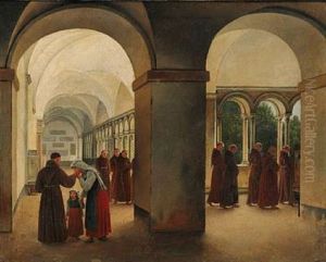 Procession Of Monks In A Cloister, Presumably From The Monastery Of The Basilica Of San Paolo Fuori Le Mura In Rome. In The Foreground A Young Italian Woman Kissing The Hand Of Her Confessor by Christoffer Wilhelm Eckersberg