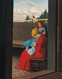 Mother Sewing And Her Little Girl With A Doll In The Doorway Near A Bridge, Paris by Christoffer Wilhelm Eckersberg