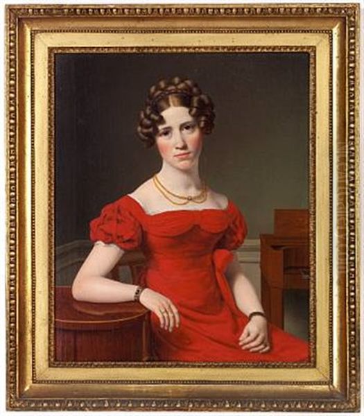 Portrait Of Louise Christiane Fugl In A Red Dress With White Lace, Double Necklace, Brown Hair Taken Up - view 1