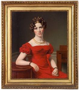 Portrait Of Louise Christiane Fugl In A Red Dress With White Lace, Double Necklace, Brown Hair Taken Up