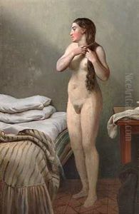 En Qvindelig Figur, Som Staar Ved En Seng, Reder Sit Haar