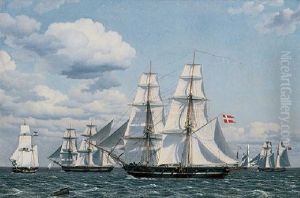 Adskillige Kobmandsskibe Som Krydser Med Alle Sejl, Fortil En Dansk Orlogsbrig by Christoffer Wilhelm Eckersberg