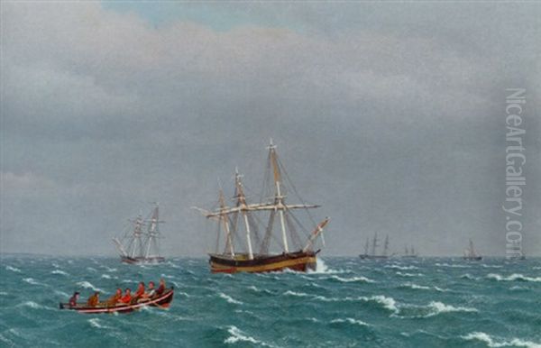 Marine Med Fragtskib Ob Robad Med Syv Mand, I Baggrunden Mange Mindre Skibe - view 1