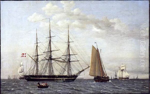 Udsigt Mod Syd Fra Helsingors Rhed, Med En Dansk Korvet Til Ankers Samt Nogle Andre Mindre Skibe Dels Under Sejl Og Dels Til Ankers - view 1