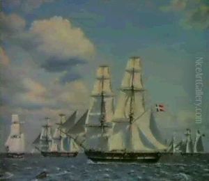 Adskillige Kobmandsskibe Som Krydser Med Alle Sejl, Fortil En Dansk Orlogsbrig. by Christoffer Wilhelm Eckersberg