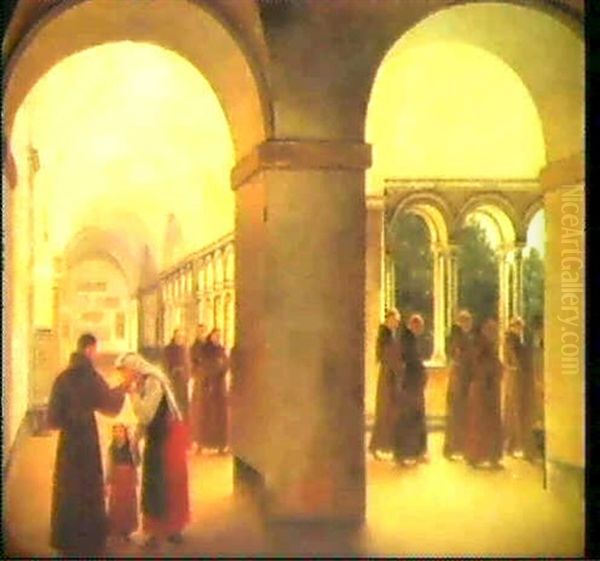 Procession Af Munke I En Buegang I San Lorenzo Fuori Le Muraved Rom, I Forgrunden En Ung Italienerinde Der Kysser Sin... - view 1