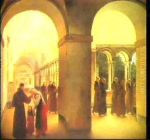 Procession Af Munke I En Buegang I San Lorenzo Fuori Le Muraved Rom, I Forgrunden En Ung Italienerinde Der Kysser Sin...