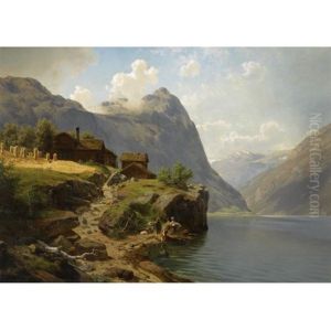 Mennesker I Fjellandskap - Figures In A Mountainous River Landscape by Johan Fredrik Eckersberg