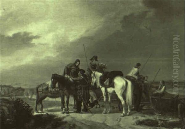 Soldaten Und Bauern Mit Pferden Am Flusufer - view 1