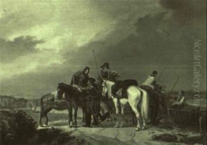 Soldaten Und Bauern Mit Pferden Am Flusufer by Henri-Ambros Eckert