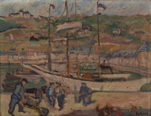 Segelboote Im Hafen Mit Personenstaffage In Der Provence by Robert Eckert