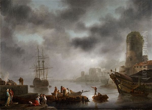 View Of A Harbour By Moonlight - view 1