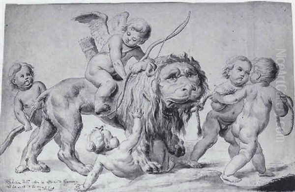 Putto Riding A Lion, Being Pulled By Other Putti - view 1