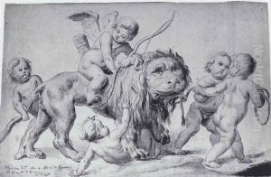 Putto Riding A Lion, Being Pulled By Other Putti by Johannes I (John) Eckstein