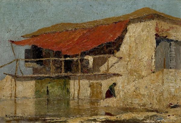 House With Red Tent And Woman By The Sea - view 1
