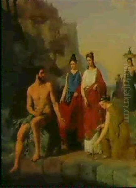 Nausikaa Med Sine Terner Bringer Den Skibbrudne             Odysseus Klaeder Og Olie - view 1