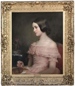 Portrait Of Lady Elizabeth Scott, In A Pink Dress, Holding A Tapestry