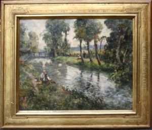 Figures Fishing Along River With Bridge by Frederic Ede