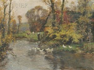 Figure With Geese And Cows Along A Riverbank Figure With Geese And Cows Along A Riverbank
