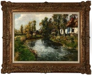 European Cottages Along A Stream by Frederick Charles Vipont Ede