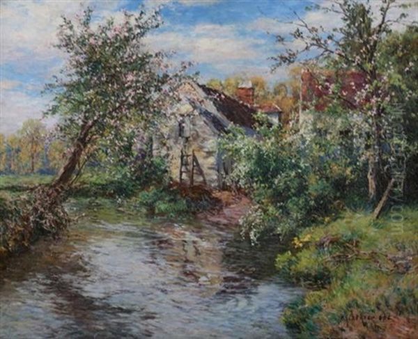 Ede_spring Apple Blossoms Along Stream With House - view 1