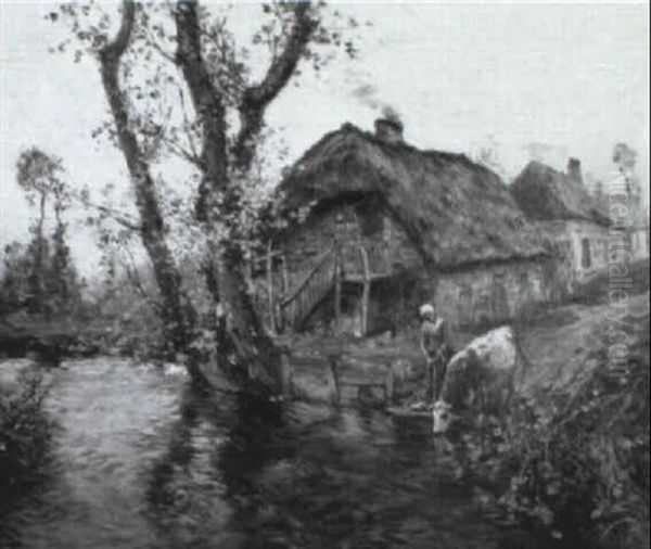 Milkmaid Watering Cow At The Village Stream - view 1