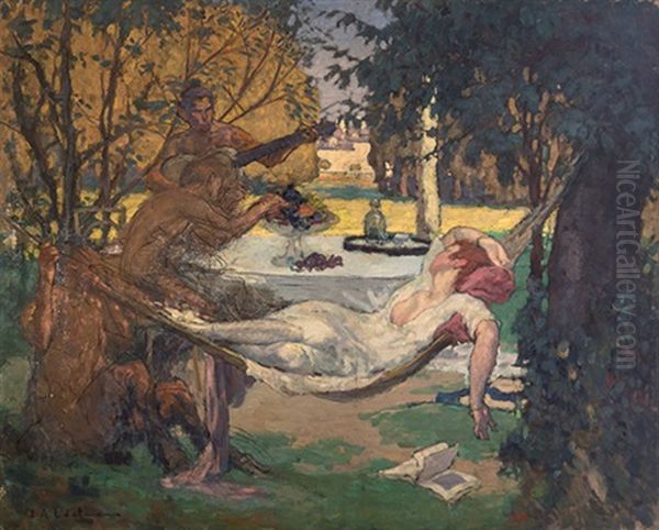 Femme Dans Un Hamac Entouree De Faunes Musiciens - view 1