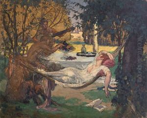 Femme Dans Un Hamac Entouree De Faunes Musiciens