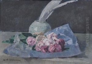 Still Life Of Roses And Feathers In Vase