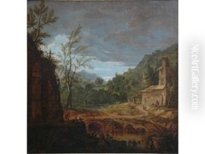 Figures And Buildings By A Bridge In An Italianate Landscape by Gerard Van Edema