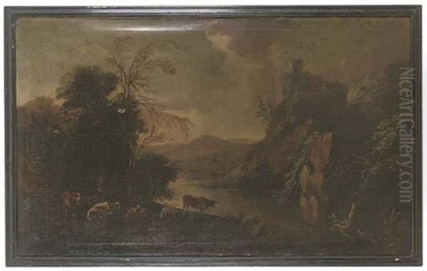 A Mountainous Wooded Landscape With A Shepherd And Sheep By A Lake In The Foreground - view 1