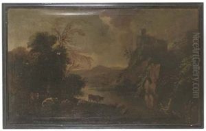 A Mountainous Wooded Landscape With A Shepherd And Sheep By A Lake In The Foreground by Gerard Van Edema
