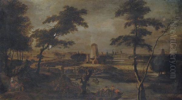 A Distant View Of Amsterdam With Peasants In A Ferry In The Foreground - view 1