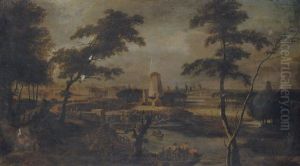 A Distant View Of Amsterdam With Peasants In A Ferry In The Foreground