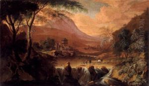 Gebirgslandschaft Mit Einem Dorf An Einem Wasserfall Und Figuren
