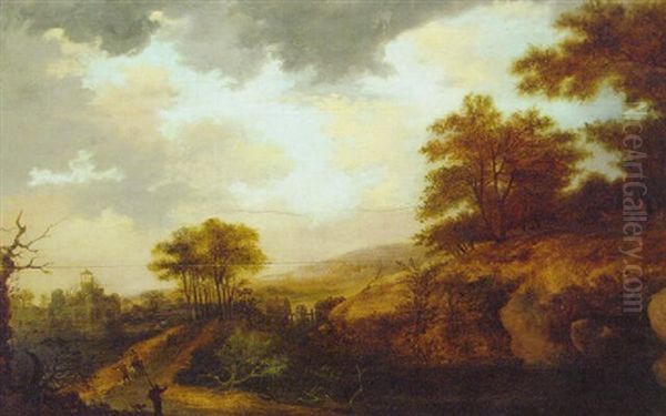 An Extensive Landscape With Travellers On A Track By A Stream And A Castle Ruin - view 1