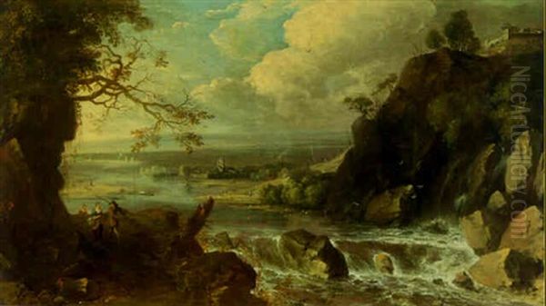 An Extensive River Landscape With Peasants On A Track By A Waterfall, A Town Beyond - view 1